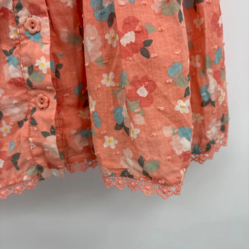 btween Girls Peach Floral Swiss Dot Ruffle Button Front‎ Tiered Dress Size 5